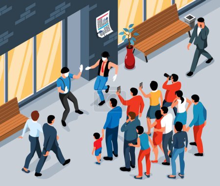Illustration for Crowd of people watching performance of street mime artists isometric vector illustration - Royalty Free Image