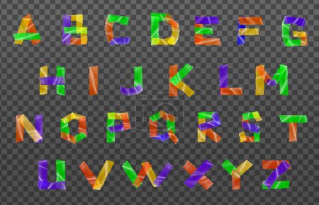 Téléchargez les illustrations : Ruban adhésif plastique réaliste alphabet coloré avec des lettres isolées en morceaux colorés de bande vectorielle illustration - en licence libre de droit