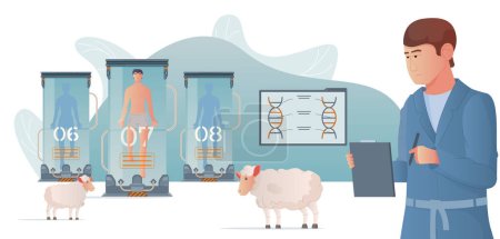 Illustration for Cloning genetics flat composition of doodle scientist sheep and chambers containing numbered floating cloned human bodies vector illustration - Royalty Free Image