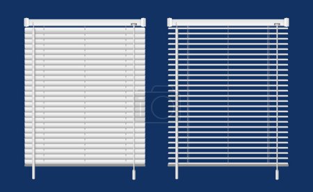 Stores de fenêtre réalistes réglés avec des vues frontales isolées d'illustration vectorielle de stores blancs suspendus dessinés et semi-ouverts