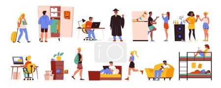 College dormitory interior set with student daily life scenes flat isolated vector illustration