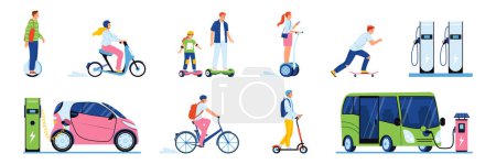 Téléchargez les illustrations : Ensemble plat de transport écologique avec tous les âges sur vélo gyro scooter segway skateboard isolé vectoriel illustration - en licence libre de droit