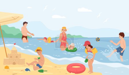 Seguridad de los niños en la composición plana del agua con los niños que nadan usando herramientas inflables bajo ilustración del vector de la supervisión de los padres