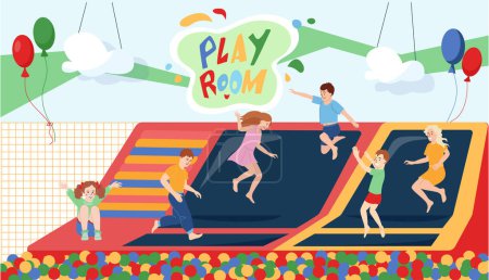 Ilustración de Niños felices saltando en el trampolín en la sala de juegos con bolas de colores y globos ilustración vector plano - Imagen libre de derechos