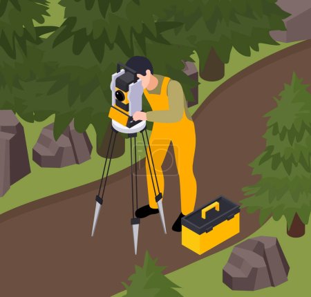 Illustration for Earth sciences geology petrology seismology volcanology isometric composition of man with theodolite tripod performing transit survey vector illustration - Royalty Free Image