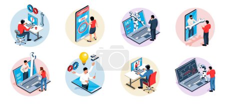 Illustration for Technical support isolated round compositions with people making phone calls for inspection and assistance isometric vector illustration - Royalty Free Image