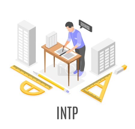 Illustration for Intp mbti personality type composition with male architect during work 3d isometric vector illustration - Royalty Free Image