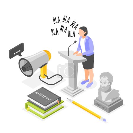 Illustration for Rhetoric isometric composition with books loudspeaker aristotle and woman during debate 3d vector illustration - Royalty Free Image