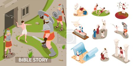 Illustration for Bible story composition with religion and miracle symbols isometric isolated vector illustration - Royalty Free Image