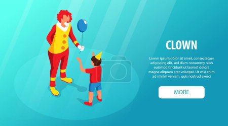 Illustration for Clown wearing colorful costume and wig giving blue balloon to little boy isometric horizontal website banner vector illustration - Royalty Free Image