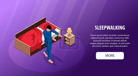 Illustration for Sleepwalking isometric horizontal web banner with man suffering from somnambulism vector illustration - Royalty Free Image