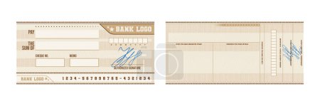 Téléchargez les illustrations : Modèle de chèque bancaire vierge signé avec motif guilloché beige isolé sur fond blanc illustration vectorielle réaliste - en licence libre de droit
