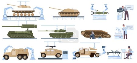 Militärische Produktion flacher Satz von gepanzerten Kampffahrzeugen moderner Panzerschlag Drohne Rakete isoliert Symbole Vektor Illustration