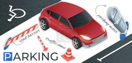 Ilustración de Collage de estacionamiento de coches con conos de tráfico de automóviles barrera vial parquímetro elementos realistas vector ilustración - Imagen libre de derechos