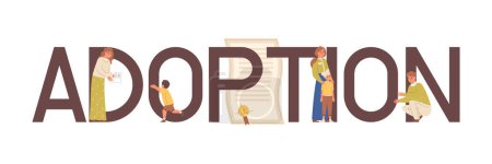Illustration pour Bannière texte plat d'adoption d'enfant avec des caractères humains d'orphelins et d'adultes illustration vectorielle - image libre de droit