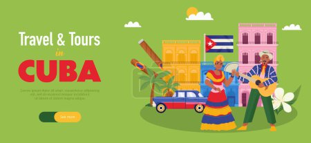 Illustration for Travel and tours in cuba horizontal banner in flat style with dancing cuban people colorful houses car cigars on green background vector illustration - Royalty Free Image