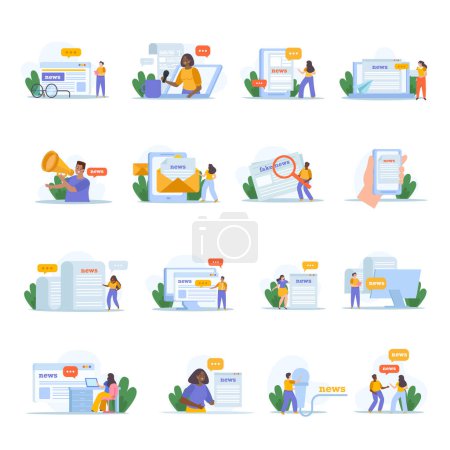 Illustration for Online news flat icons set with mass media and human characters isolated on white background vector illustration - Royalty Free Image