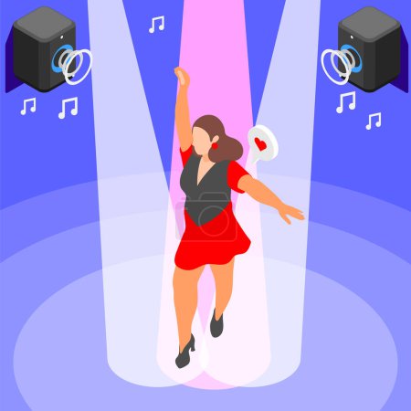 Illustration for Happy confident overweight woman performing on stage in spotlight isometric background 3d vector illustration - Royalty Free Image
