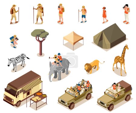 Téléchargez les illustrations : Safari ensemble touristique avec symboles de la nature sauvage isométrique vecteur isolé illustration - en licence libre de droit