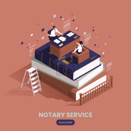 Notary services isometric concept the table with the notary working at it stands on the stack of books