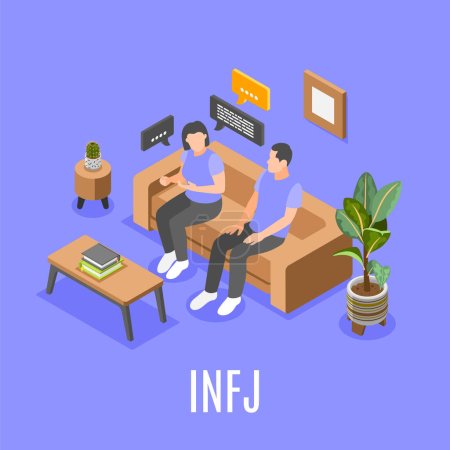 Illustration for Infj mbti type isometric composition with two people communicating on color background vector illustration - Royalty Free Image