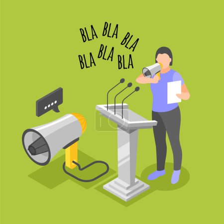 Illustration for Rhetoric isometric concept with woman training public speaking with loudspeaker on green background 3d vector illustration - Royalty Free Image