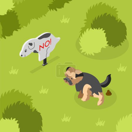 Illustration for People clean up after dogs isometric concept with puppy pooping on lawn near prohibition sign 3d vector illustration - Royalty Free Image