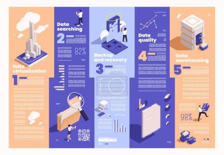 Illustration for Data management concept icons isometric infographics with virtualisation searching backup and recovery icons with editable text vector illustration - Royalty Free Image