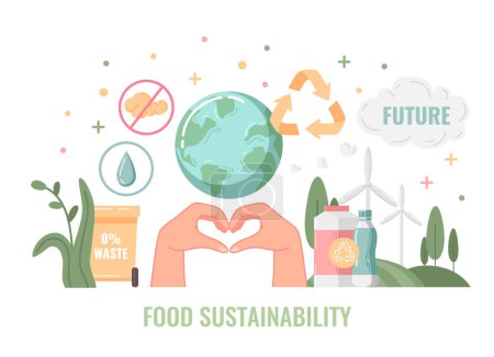 Téléchargez les illustrations : Caricature plate de nutrition avec des symboles de durabilité alimentaire illustration vectorielle - en licence libre de droit