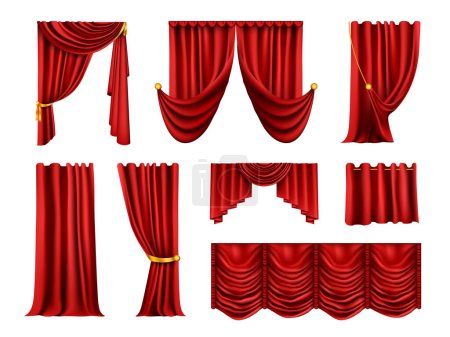 Illustration for Realistic curtains draperies set with blank background and isolated images of red curtains with golden ribbons vector illustration - Royalty Free Image