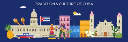 Illustration for Tradition and culture of cuba horizontal flat banner with cuban landmarks flora and people on blue background vector illustration - Royalty Free Image
