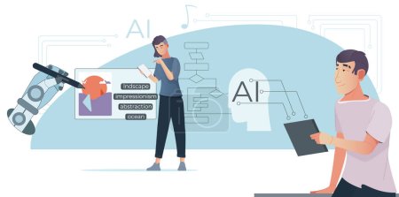Ilustración de La IA generó una composición plana con personajes humanos doodle que trabajan con redes neuronales para crear varias ilustraciones vectoriales de contenido - Imagen libre de derechos