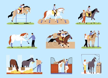 Horses and professional jockeys participating in competition on hippodrome flat color set isolated vector illustration