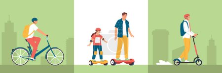 Illustration for Eco transport three square compositions with adult and children riding on scooter bicycle gyro scooter vector illustration - Royalty Free Image