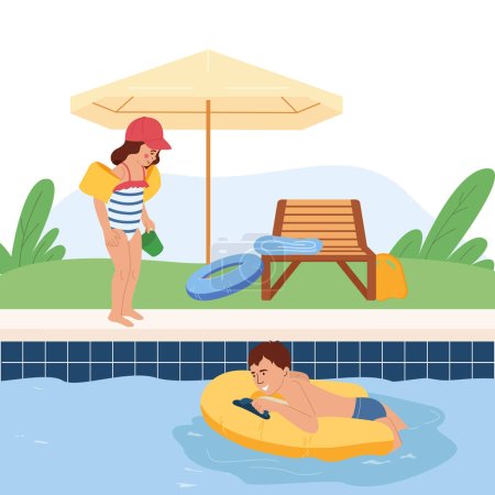 Téléchargez les illustrations : Enfants utilisant l'anneau gonflable d'équipement de sécurité et les brassards dans l'illustration vectorielle de concept plat de piscine - en licence libre de droit