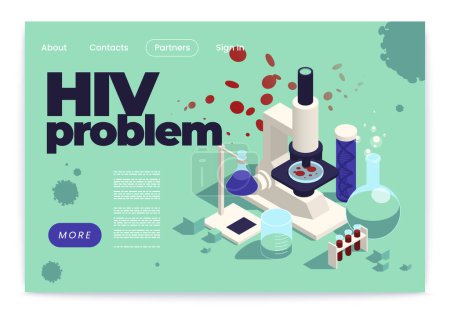 Ilustración de Banner del sitio web isométrico de inmunodeficiencia de hiv problem aid con muestras de análisis de sangre e ilustración de vectores de microscopio - Imagen libre de derechos