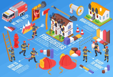 Illustration for Isometric firefighter horizontal composition with bar charts graphs fire extinguishers and characters of firemen with tools vector illustration - Royalty Free Image