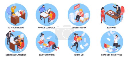 Illustration for Isometric office chaos set of isolated round compositions with discouraged outworking coworkers missing deadlines and text vector illustration - Royalty Free Image