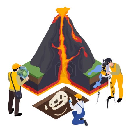 Illustration for Earth sciences geology petrology seismology volcanology isometric composition with isolated view of scientists exploring volcanic eruption vector illustration - Royalty Free Image