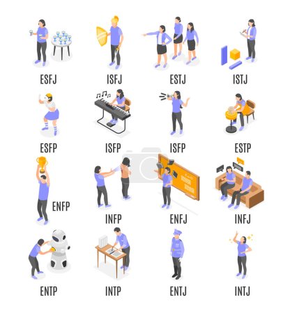 Illustration for People with various mbti personality types isometric icons set isolated vector illustration - Royalty Free Image