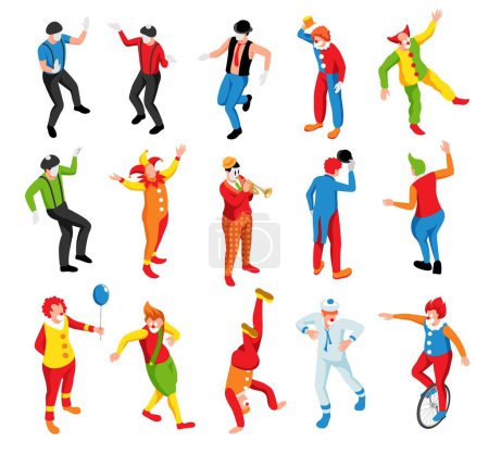 Illustration for Isometric set of clowns mimes actors wearing colorful costumes isolated vector illustration - Royalty Free Image