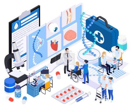 Illustration for Biotechnology isometric composition with human characters of medical workers with patients medication and lab computer icons vector illustration - Royalty Free Image
