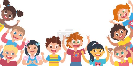 Children background flat composition with empty space surrounded by doodle style character of happy joyful kids vector illustration