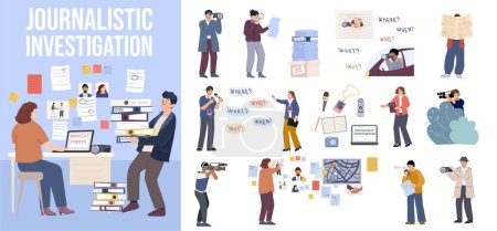 Illustration for Journalistic investigations flat composition with journalists office workplace and set of isolated icons with investigative reports vector illustration - Royalty Free Image
