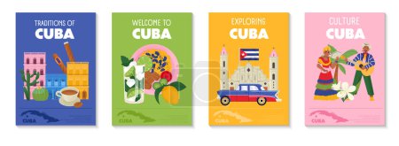 Illustration for Cuba traditions and culture colorful vertical posters set with cuban cuisine people architecture flat isolated vector illustration - Royalty Free Image