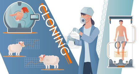 Illustration for Cloning genetics composition with collage of flat images with embryo sheeps female scientist and editable text vector illustration - Royalty Free Image
