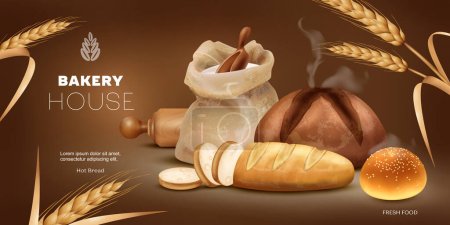 Illustration for Realistic horizontal ad poster template for bakery house with fresh bread and buns on brown background with wheat ears vector illustration - Royalty Free Image