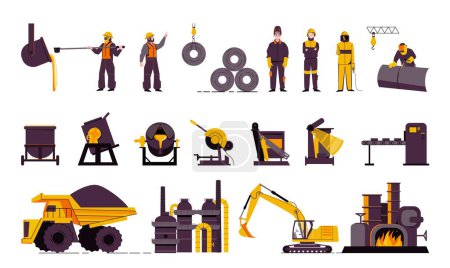 Ilustración de Set con iconos de producción de metalurgia aislada e imágenes planas de trabajadores industriales excavadora de maquinaria e ilustración de vectores de camiones - Imagen libre de derechos
