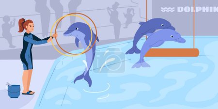 Show at dolphinarium with clever dolphins jumping through hoops flat vector illustration