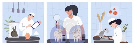 Illustration for Cloning genetics flat set of three square compositions with laboratory scenes doodle characters of working scientists vector illustration - Royalty Free Image